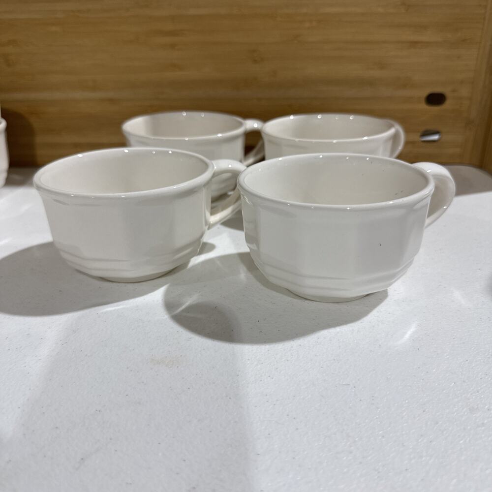 Pfaltzgraff White Coffee Cups Set of 4 Embossed Logo Octagonal Base USA